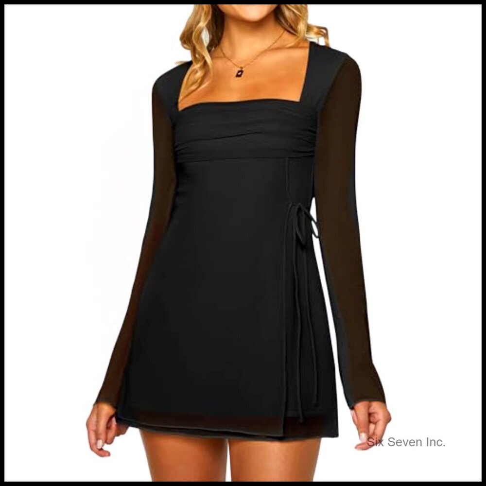Mesh Ruched Mini Dress Long Sleeve Square Neck Tie Club Party Cocktail - Picture 2 of 7